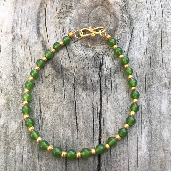 Green Onyx Genuine Gemstone Silver Gold Bracelet - Picture 3 of 5